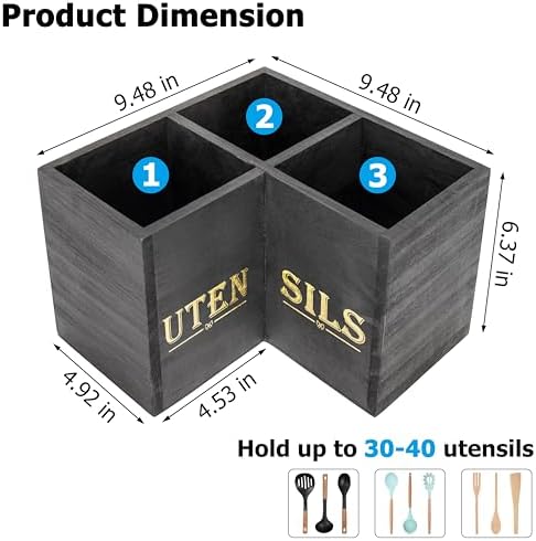 RedCall Kitchen Utensils Holder,Extra Large 3 Compartments Corner Utensil Caddy for Countertop,Wooden Farmhouse Utensil Organizer