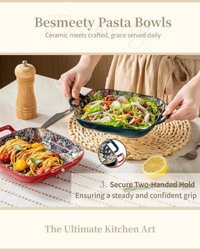 Besmeety Square Pasta Bowls with Handle, Boho Salad Serving Bowls Set of 2, Ceramic 7.09" Pasta Plates for Housewarming Present, Party (Green+Red)