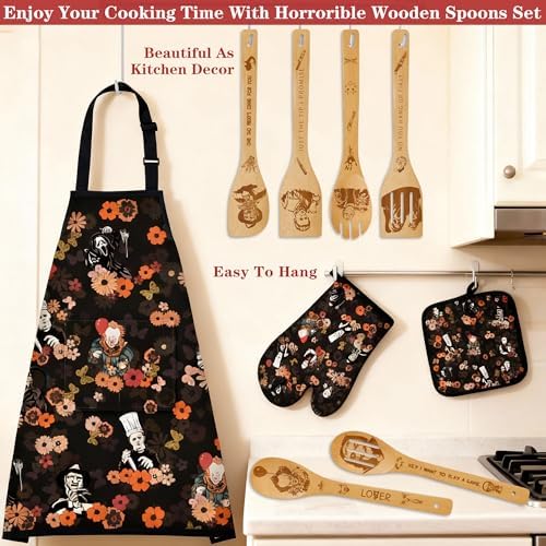 Horror Merch,9Pcs Bamboo Cooking Utensils Set,Spoons with Apron Oven