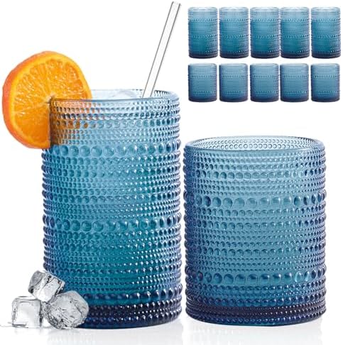 Hobnail Drinking Glasses with Straws, 15oz&12oz Vintage Glassware Set