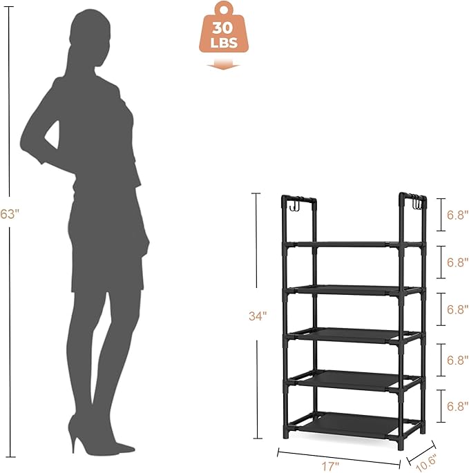 LANTEFUL 5 Tiers Shoe Rack 12-15 Pairs Boots Organizer Storage Sturdy Narrow - Image 3