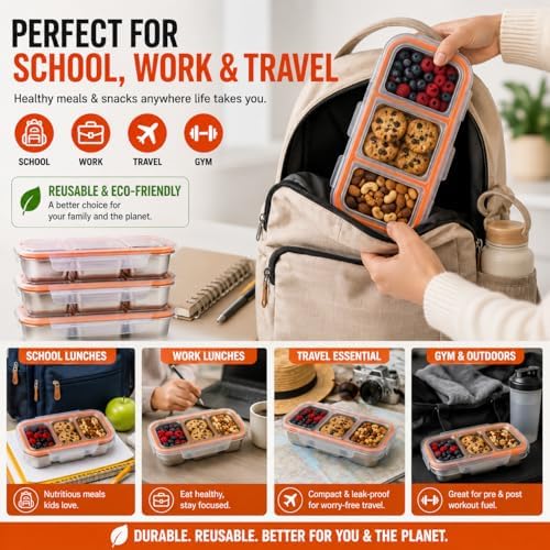 Stainless Steel Snack Containers with Lids, 3 Compartment Leakproof