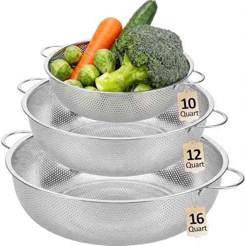 Gisafai 3 Pcs 10/12/16 Quart Stainless Steel Colander Set for Kitchen Micro Perforated Exlarge Metal Pasta Strainer with Handles Metal Mesh Strainer Net Basket Self Draining Solid Base for Pasta