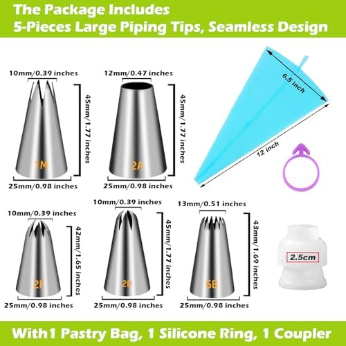 Suuker Large Piping Tips Set, 1M 2D 2F 6B 2A with Reusable Bag