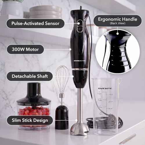 OVENTE Electric Hand Blender Set with 2 Mixing Speeds, 300W Black