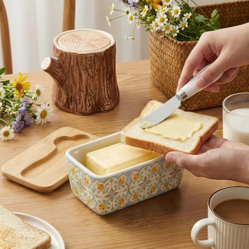 KZJZKJ Ceramic Butter Dish with Lid, Large Green Butter Keeper for 2
