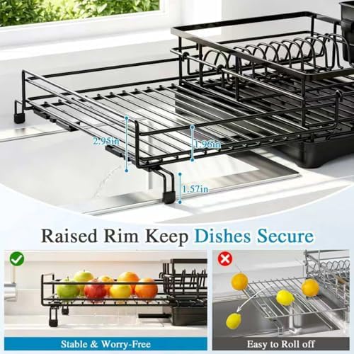 Expandable Dish Drying Rack for Kitchen Counter, Large Capacity Dish Rack with 360° Rotatable Drain Spout & Utensil Holder, Stainless Steel Dish Drainer for Kitchen Sink, Black