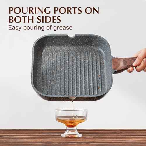 SENSARTE Nonstick Grill Pan with Lid, Grill Pan for Stove Tops, Versatile Griddle with Pour Spouts, Square Big Cooking Surface, Durable Skillet Indoor & Outdoor Grilling. PFOA Free, 12Inch