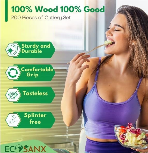 ECOSANX® 200 PCs Disposable Wooden Cutlery set 6.5" Splinter Free Compostable - Image 5