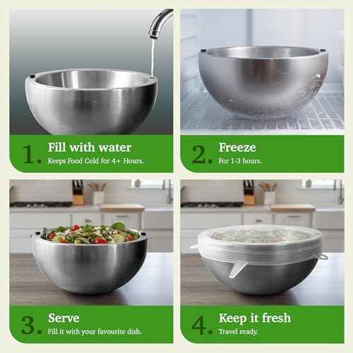 Aranka Dip Chiller Bowl with Lid, Stainless Steel 35 oz Double-Walled Insulated Serving Bowl for Keeping Food Hot or Cold, Perfect for Guacamole, Ice Cream, Salad & Soups