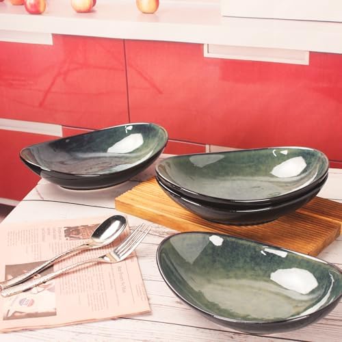 Ceramic Serving Platters Set of 4, 9.6 Inch Curved Oval Deep Salad Plates for Entertaining, Modern Kitchen Dishes, Trays for Dinner, Fruit, Salad, Pasta, burgers - Dishwasher Microwave Safe