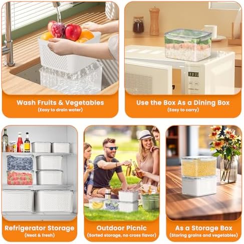 Fruit Storage Containers for Fridge, 5-Piece Set with Drain Basket
