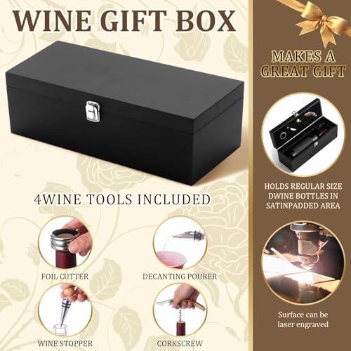 1 Pc Retro Wooden Wine Gift Box with 4 Accessories, Bamboo, Black