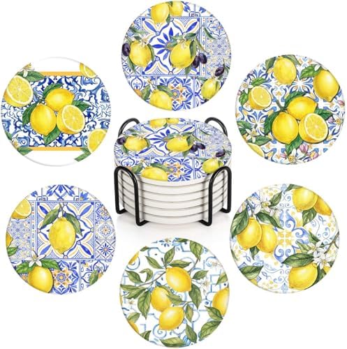 Coasters for Drinks, Set of 6, Ceramic Stone Yellow Blue