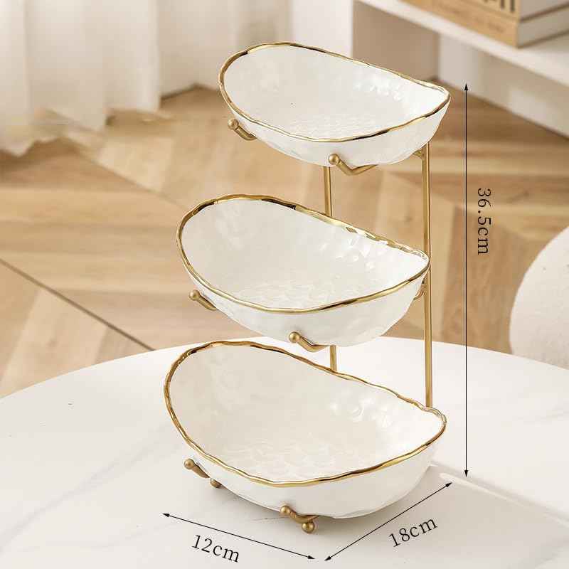 White Fruit Bowl with Gold Metal Stand, 3 Tier Modern Ceramic Fruit
