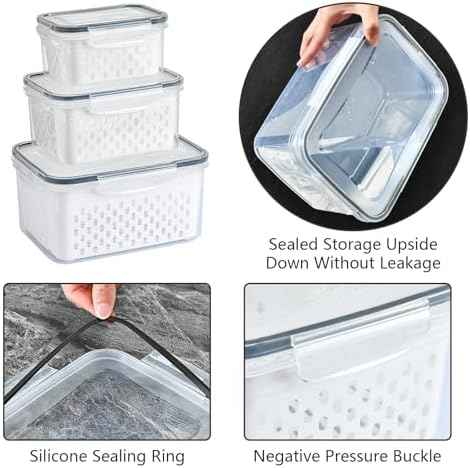 3 PCS Fruit Storage Containers for Fridge with Removable Colander