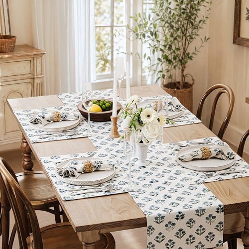 Block Print Floral Decorative Placemats Set of 6, Dusty Blue
