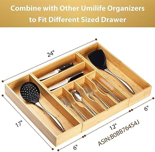 Umilife Bamboo Kitchen Utensils Organizer, Extra Long High Silverware