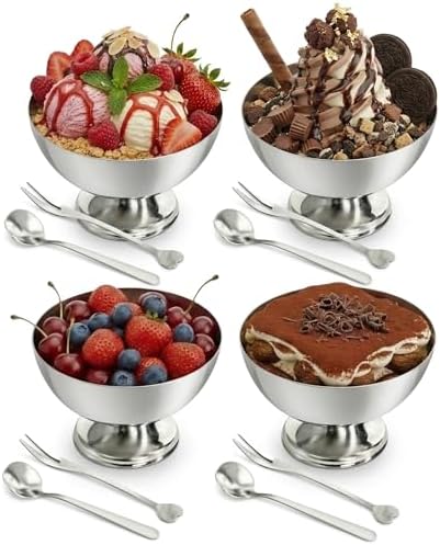 Silver Stainless Steel Dessert Cups - with Forks & Spoons,8.45 Oz,Set