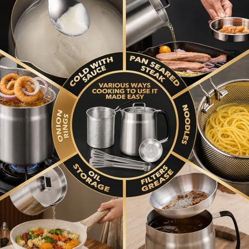 68oz 3-in-1 304 Stainless Steel Oil Filter Pot with Fine Mesh Oil
