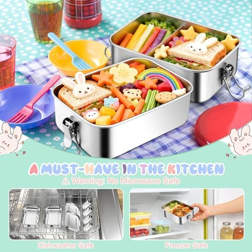 TeamFar Stainless Steel Bento Box, 2 Pack 47oz/1400ml Metal Lunch Box