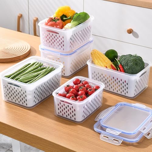 3 PCS Fruit Storage Containers for Fridge with Removable Colander