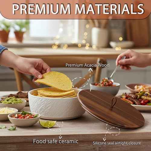 Ceramic Tortilla Warmer with Wooden Lid & Silicone Seal – 8 Inch