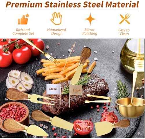 46Pcs Charcuterie Boards Accessories Small Serving Utensil Set Cheese Butter Spreader Knives Mini Stainless Steel Cutlery Tong Spoon Fork Bowl Wooden Toothpick for Kitchen Wedding Christmas Gift(Gold)