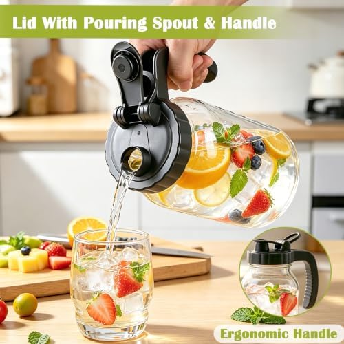 Glass Pitcher with Lid 64OZ Mason Jar Pitcher with Ergonomic Handle