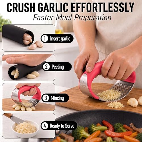 Zulay Kitchen Stainless Steel Garlic Press Rocker Set, Red