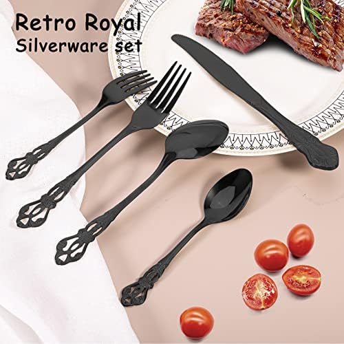 Black Silverware Set for 4, Stainless Steel Gorgeous Retro Royal