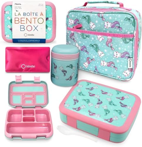 kinsho Bento Lunch Box Set with Thermo Bag & Ice Pack Pink Aqua Cat