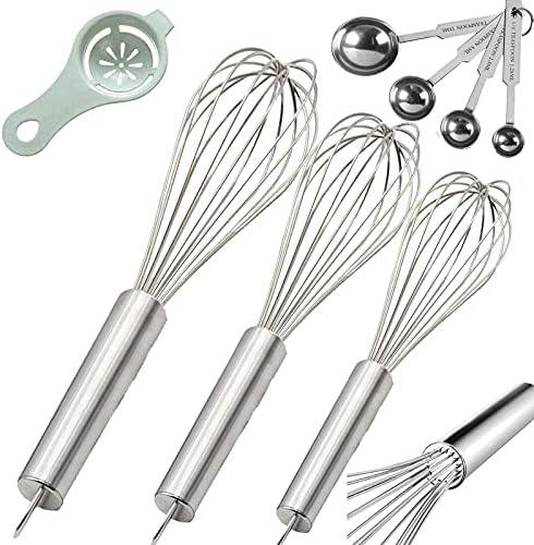 Stainless Steel Whisk, Whisk Set with Measuring Spoon and 8"+10"+12"