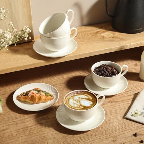 10OZ Porcelain Cappuccino Cups with Saucers, Ceramic Espresso Cups