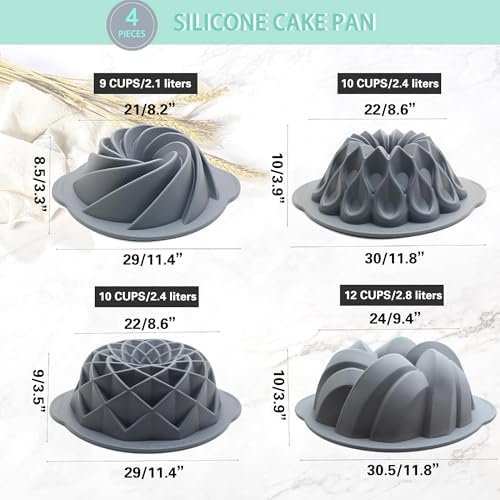 Tongjude 4 Pieces Silicone Fluted Cake Pans, 9/10/12 Cups Tube Baking