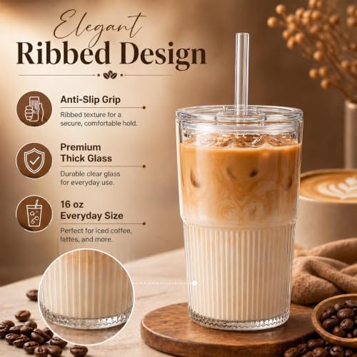 Haundry Ribbed Glass Cups with Lids and Straws (2 Pack), 16oz Iced