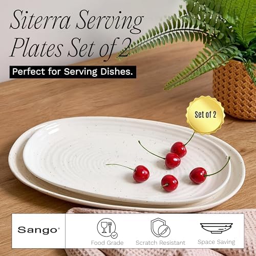 SANGO Siterra 2-Piece Speckled Stoneware Serving Platter Set- Large & Medium Ceramic Platters with Glossy Rustic Glaze for Kitchen, White Serving Dishes for Entertaining, Microwave and Dishwasher Safe