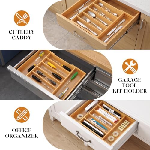 Bamboo Silverware Organizer, Expandable Bamboo Kitchen Drawer Cutlery Organizer, 18.5"x13.3" Flatware Organizer Tray, Utensil Holder
