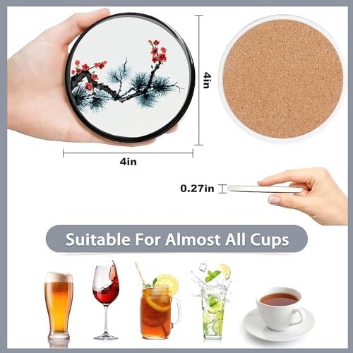 Drink Coasters Set of 6 with Holder,Japanese Cherry Blossom and