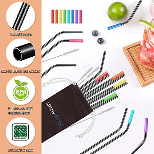 StrawExpert Set of 16 Reusable Stainless Steel Straws with Travel Case