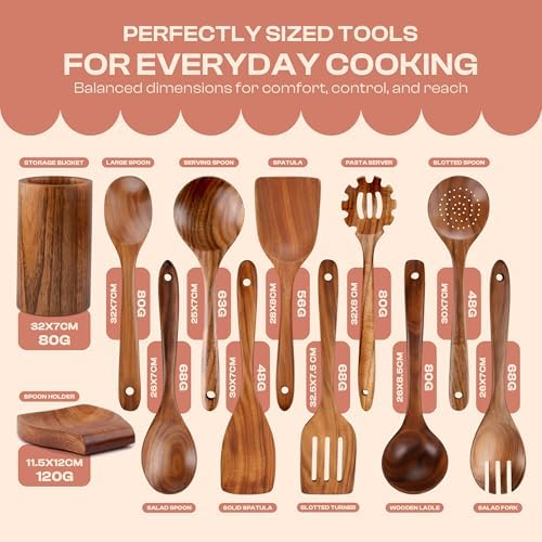 12-Piece Natural Teak Wood Utensil Set with Holder