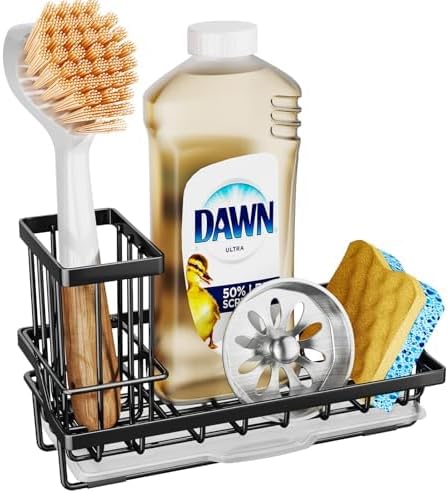 SWTYMIKI Sink Caddy Sponge Holder, Stainless Steel, Black