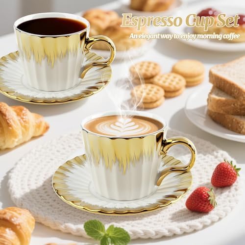 Coffee Cup Set of 6 with Saucers, 3.5 OZ Ceramic Espresso Cups, Deco