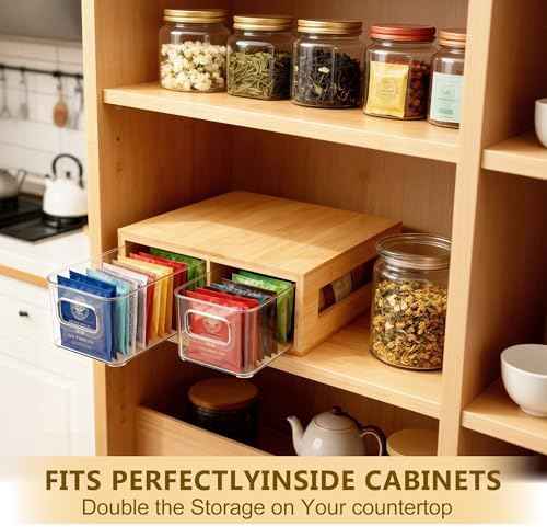 Tea Bag Organizer, Bamboo and Acrylic Drawer Tea Bag Holder Wood Teas