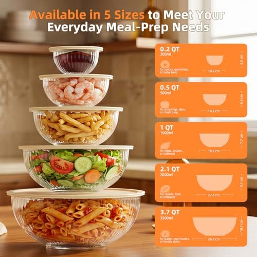 Jelife Glass Mixing Bowls with Lids Set - 5 Packs, Borosilicate