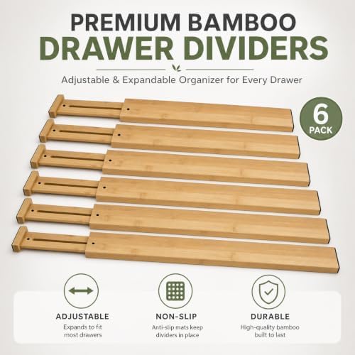6 Pack Wood Drawer Dividers - Expandable Wooden Drawer Separators