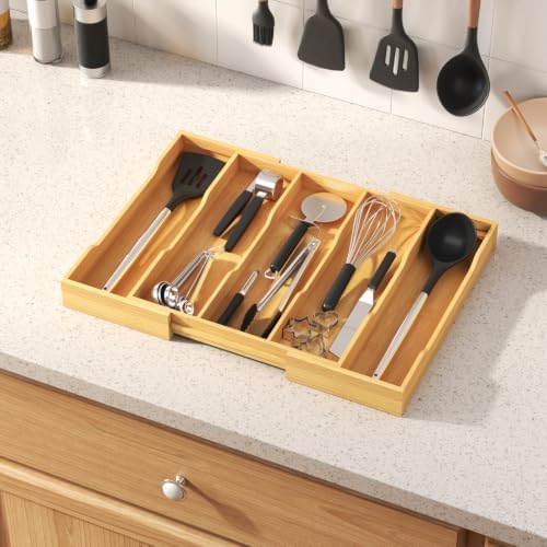 Lifewit Bamboo Utensil Organizer for Kitchen Drawer, Cooking Utensil