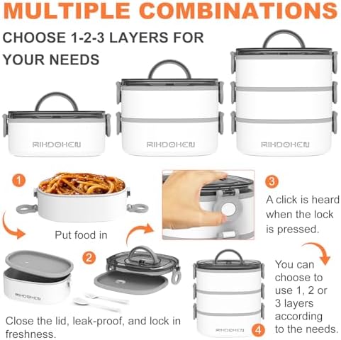 RIKDOKEN Lunch Box, Stackable 3 Layers Containers, Portable 94OZ Large