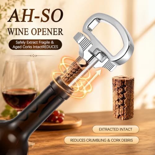 Ah So Wine Opener with 2PCS Airtight Wine Stoppers, U-handle