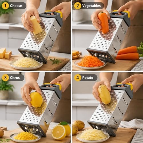 Cheese Grater, 4-Sided Box Grater with Handle, Stainless Steel